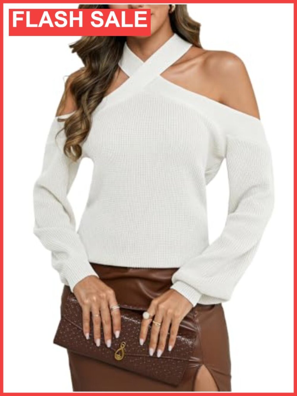 Off Shoulder Sweater Halter Criss Cross Lantern Sleeve Ribbed Pullover